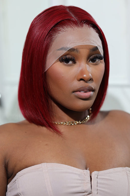 MINA WIG : perruque carré lisse, lace frontal 13X4 transparente, court, malaysienne bordeaux